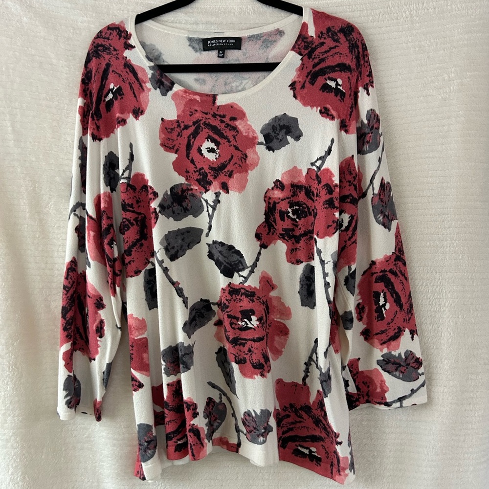 Jones New York Red and Black Floral tunic top